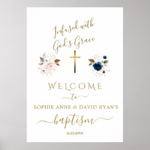 Rosa Blüten Gold Twins Taufe Begrüßungszeichen Poster