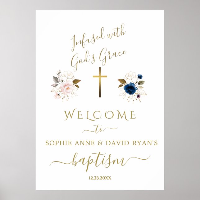 Rosa Blüten Gold Twins Taufe Begrüßungszeichen Poster (Vorne)