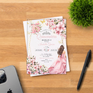 Rosa Blüten-Goldene Schmetterlinge Quinceañera Acryleinladungen