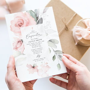 Rosa Blüten, Grün, Florale Konfirmation Einladung