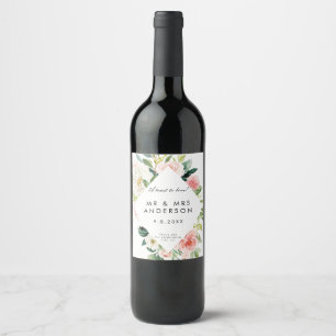Rosa Blüten Hochzeitsflasche Weinetikett