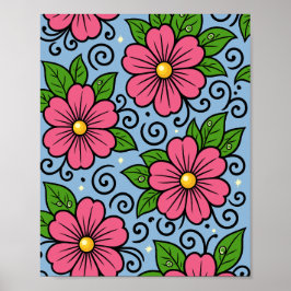 Rosa Blüten mit grünen Blättern und geschwungenen  Poster