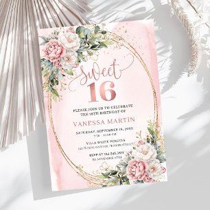 Rosa Blüten mit Grünzeug Sweet Sixteen Einladung