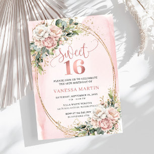 Rosa Blüten mit Grünzeug Sweet Sixteen Einladung