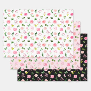 Rosa Blüten mit Laub Geschenkpapier Set