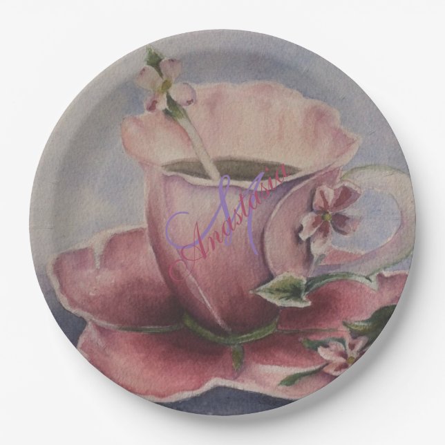 ROSA BLÜTEN-TEE-SCHALEN-MONOGRAMM-PARTY PAPPTELLER (Vorderseite)
