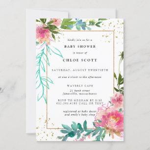 Rosa Blüten und Gold Elegante Babydusche Einladung