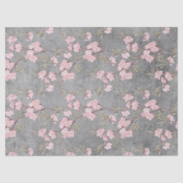 Rosa Blüten und Verzweigungen auf der Grau-Dekoupa Seidenpapier (Vorderseite)
