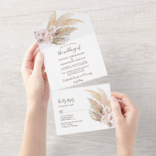 Rosa Blüten Wüsten Boho Pampasgras Hochzeit All In One Einladung