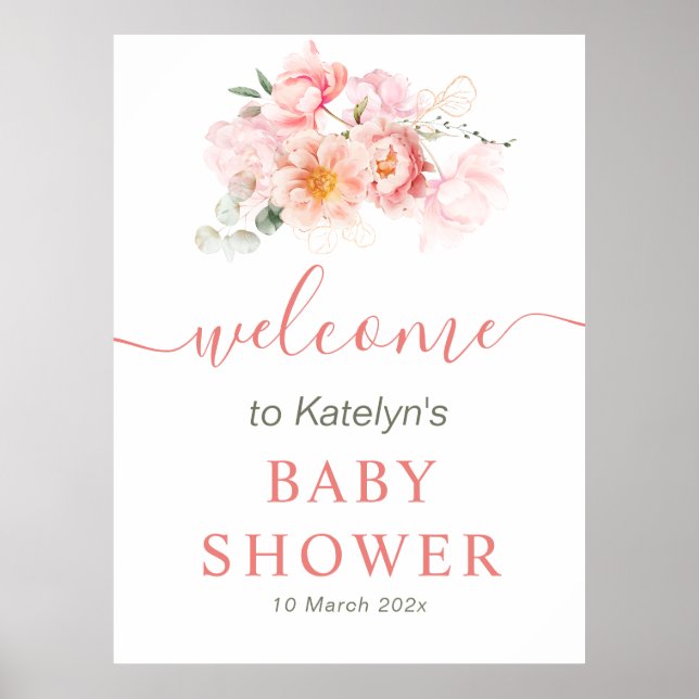 Rosa Blütenbaby Dusche Begrüßungszeichen Poster (Vorne)