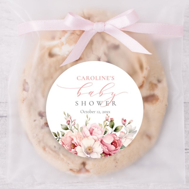 Rosa Blütenbaby in Bloom Girl Baby Dusche Runder Aufkleber (Von Creator hochgeladen)