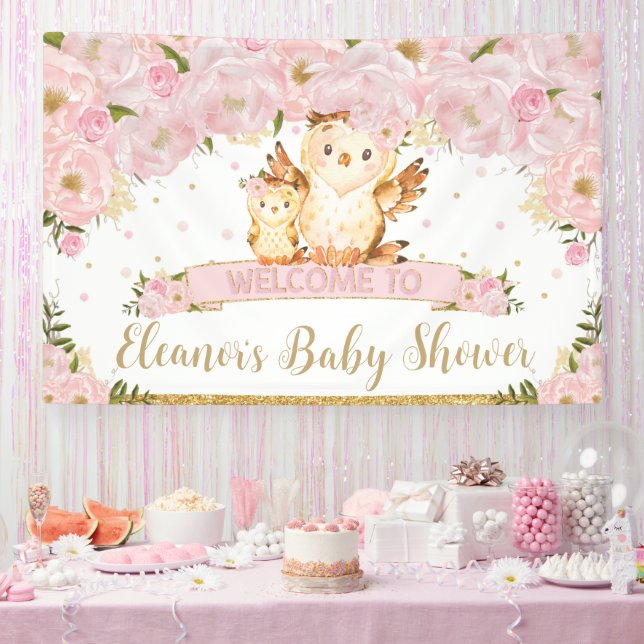 Rosa Blütenbaby und Mommy Owl - Begrüßungsgrössen Banner (Party)