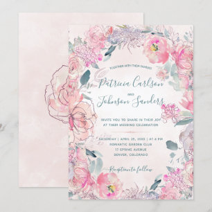 Rosa Blütenbäume Aquarellbäume Hochzeit Einladung