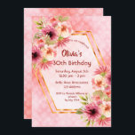 Rosa Blütenblätter, geometrisch Einladung<br><div class="desc">Eine trendige Einladung für ein Party zum 30. Mit einem Imitat goldhexagon geometrisch geformten Rahmen. Die Blume sind in Rosa,  Creme und Korallen mit Aquarellfarben dekoriert. Vorlagen für einen Namen,  Alter 30 und Einzelheiten zum Party. Burgund farbige Buchstaben. Zurück: Eleganter,  lebendiger korallenfarbener Hintergrund mit Polka-Punkten.</div>