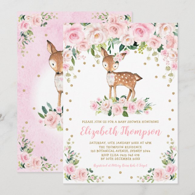Rosa Blütenblättriger Blumenwald Deer Baby Girl Du Einladung (Vorne/Hinten)