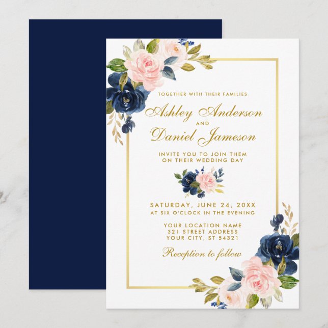 Rosa Blütenblau Bläserblume Elegante Hochzeit Gold Einladung (Vorne/Hinten)