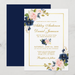 Rosa Blütenblau Bläserblume Elegante Hochzeit Gold Einladung