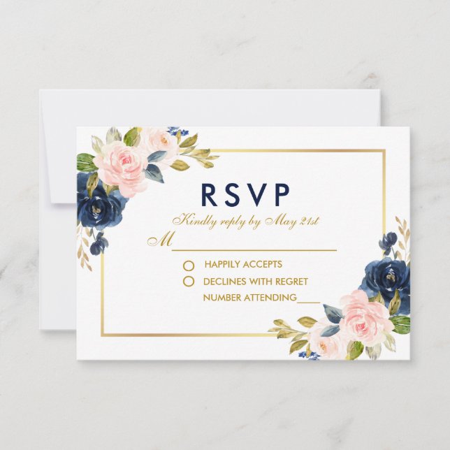 Rosa Blütenblau Bläserblütenhochzeit RSVP Gold (Vorderseite)