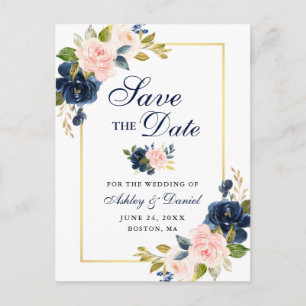 Rosa Blütenblau Bläserndes Elegantes Save the Date Ankündigungspostkarte