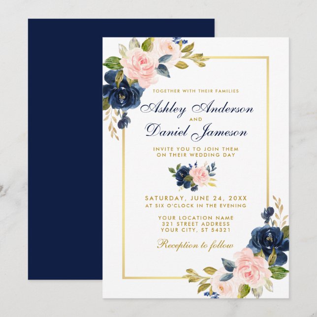 Rosa Blütenblau florale Elegante Hochzeitsgoldrahm Einladung (Vorne/Hinten)