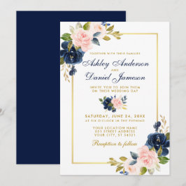 Rosa Blütenblau florale Elegante Hochzeitsgoldrahm Einladung