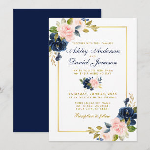 Rosa Blütenblau florale Elegante Hochzeitsgoldrahm Einladung