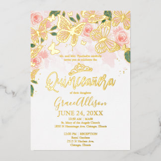 Rosa Blütenblume Quinceanera Butterfly Gold Folieneinladung