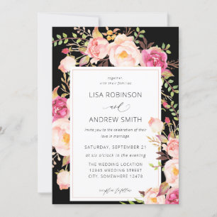 Rosa Blütenblüte Blütenblüte Hochzeit V3 Schwarz Einladung