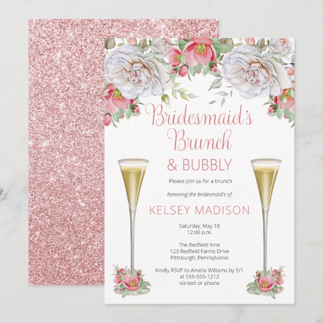 Rosa Blütenblüte Bridesmaid's Brunch & Bubbly Einladung (Vorne/Hinten)