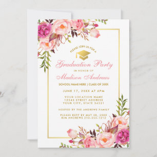 Rosa Blütenblüte Gold Graduation Party Einladung