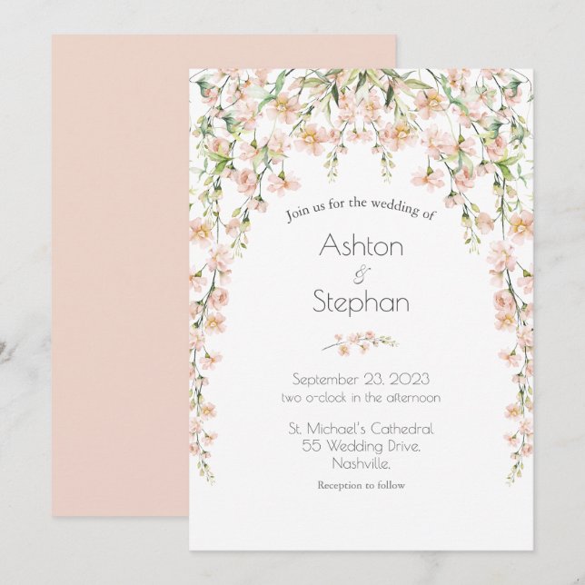 Rosa Blütenblüte Wildblumen Elegante Hochzeit Einladung (Vorne/Hinten)