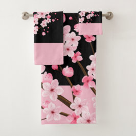 Rosa Blütenblüten Schwarz-Pink-Handtuch Badhandtuch Set