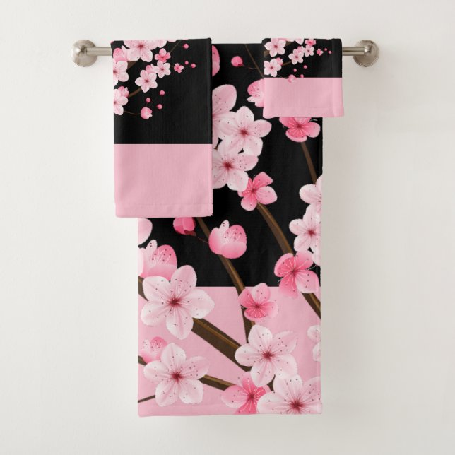 Rosa Blütenblüten Schwarz-Pink-Handtuch Badhandtuch Set (Insitu)