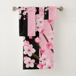 Rosa Blütenblüten Schwarz-Pink-Handtuch Badhandtuch Set