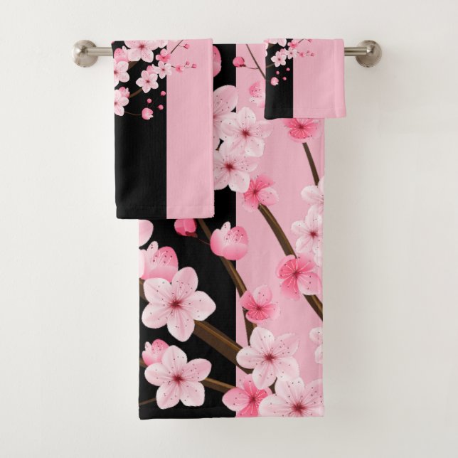 Rosa Blütenblüten Schwarz-Pink-Handtuch Badhandtuch Set (Insitu)
