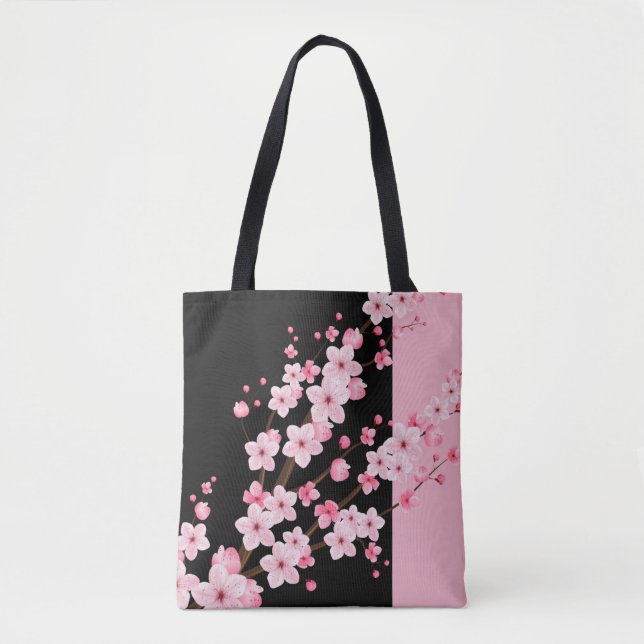 Rosa Blütenblüten Schwarz-Pink-Handtuch Tasche (Vorderseite)