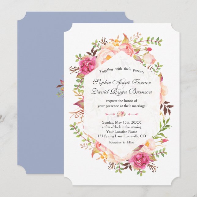 Rosa Blütenblütenblütenblüte Hochzeit mit geometri Einladung (Vorne/Hinten)