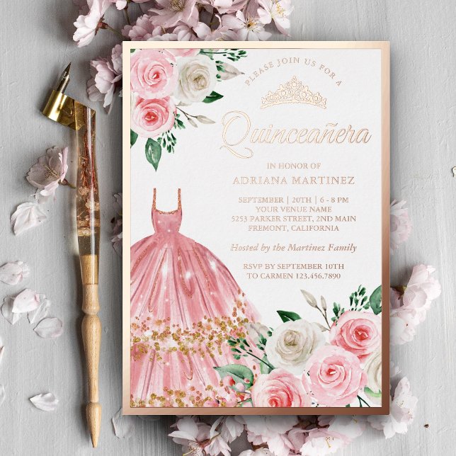 Rosa Blütenbraun Quinceanera Rose Gold Folieneinladung (Von Creator hochgeladen)