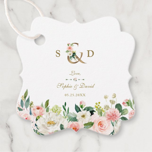 Rosa Blütencreme-Blume Gold Ampere und Hochzeit Geschenkanhänger (Vorderseite)