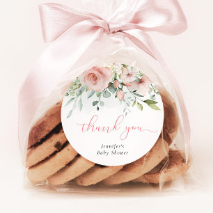 Rosa Blütendusche Eukalyptus Baby Dusche Danke Runder Aufkleber