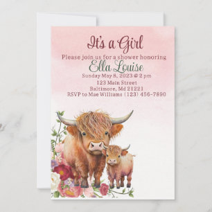 Rosa Blütendusche Hochlandkuh Baby-Dusche Einladun Einladung