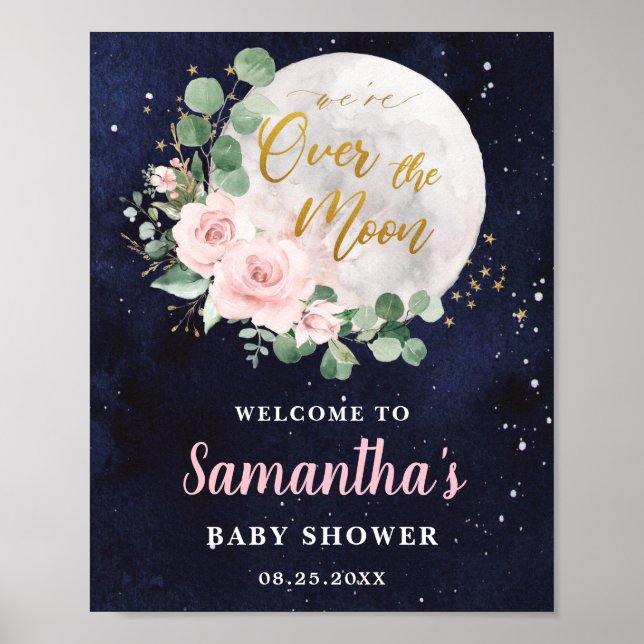 Rosa Blütendusche über der Mond Girl Babydusche Be Poster (Vorne)