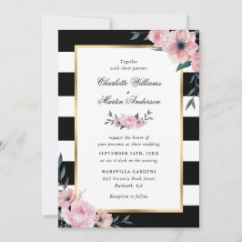 Rosa Blütenelegante Schwarz-weiße Strippenhochzeit Einladung