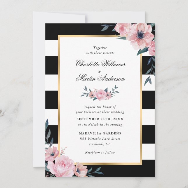 Rosa Blütenelegante Schwarz-weiße Strippenhochzeit Einladung (Vorderseite)