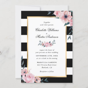 Rosa Blütenelegante Schwarz-weiße Strippenhochzeit Einladung