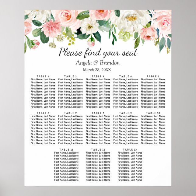 Rosa Blütenfarben 13 Tische Hochzeitskarte Poster (Vorne)