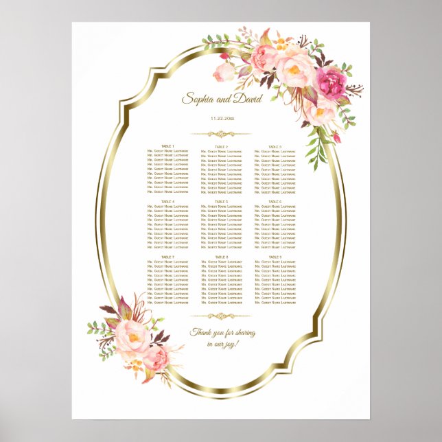 Rosa Blütenfarben Gold Rahmen für Hochzeitssitze Poster (Vorne)