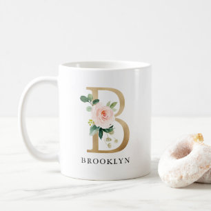 Rosa Blütenfarben, Goldbuchstaben B Monogramm Kaffeetasse