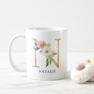 Rosa Blütenfarben, Goldbuchstaben N Monogramm Kaffeetasse