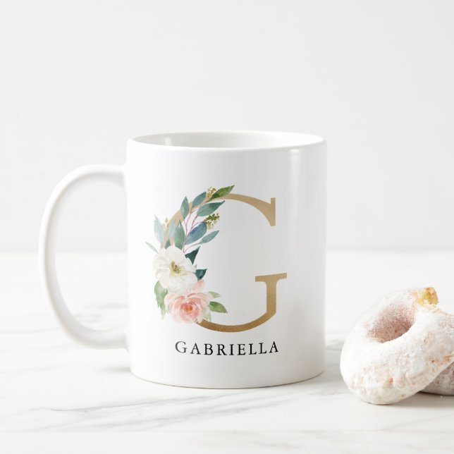 Rosa Blütenfarben, goldener Buchstaben G Monogramm Kaffeetasse (Mit Donut)